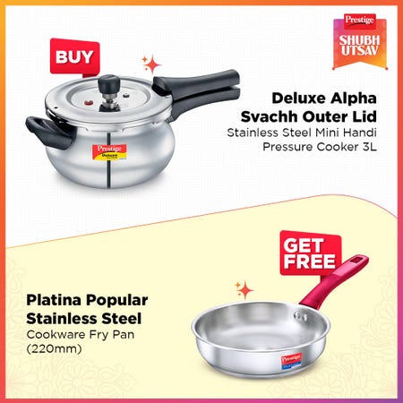 Prestige Deluxe Alpha Svachh Stainless Steel Mini Handi Pressure Cooker 3L Silver with Platina Popular Stainless Steel Fry Pan 22cm (1.9 L) Impact Forged Bottom Silver