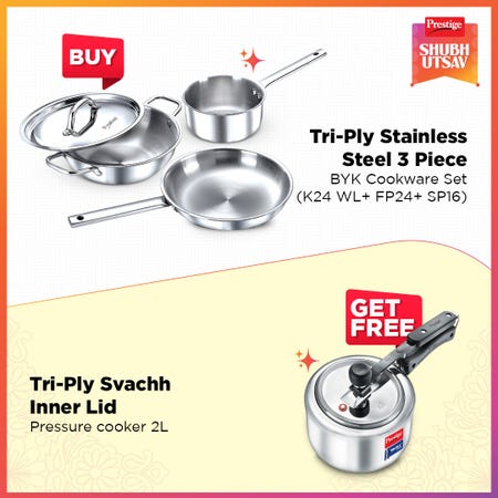 Prestige Tri-Ply Stainless Steel 3 Piece BYK Cookware Set with 2 L Tri-Ply Svachh Inner Lid Pressure Cooker