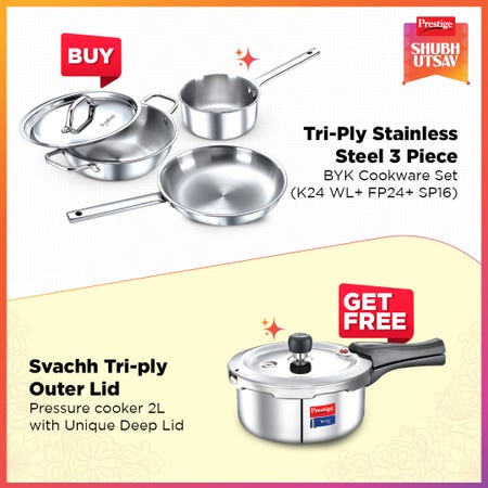 Prestige Tri-Ply SS 3 Piece BYK Cookware Set ( Fry Pan 24cm (1.7L), Kadai 24cm (2.7L) with Lid, Sauce Pan 16cm (1.5L) and Svachh Triply Outer Lid Pressure Cooker with Unique Deep Lid, 2 Litre