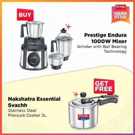 Prestige 1000 Watts Endura Mixer Grinder with 3 Stainless Steel Jar, Black and Silver and Nakshatra Essential Svachh Stainless Steel Pressure Cooker 3.0 L